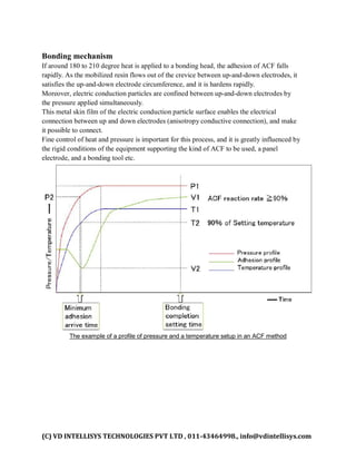 (C) VD INTELLISYS TECHNOLOGIES PVT LTD , 011-43464998., info@vdintellisys.com
Bonding mechanism
If around 180 to 210 degree heat is applied to a bonding head, the adhesion of ACF falls
rapidly. As the mobilized resin flows out of the crevice between up-and-down electrodes, it
satisfies the up-and-down electrode circumference, and it is hardens rapidly.
Moreover, electric conduction particles are confined between up-and-down electrodes by
the pressure applied simultaneously.
This metal skin film of the electric conduction particle surface enables the electrical
connection between up and down electrodes (anisotropy conductive connection), and make
it possible to connect.
Fine control of heat and pressure is important for this process, and it is greatly influenced by
the rigid conditions of the equipment supporting the kind of ACF to be used, a panel
electrode, and a bonding tool etc.
The example of a profile of pressure and a temperature setup in an ACF method
 