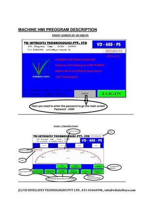 (C) VD INTELLISYS TECHNOLOGIES PVT LTD , 011-43464998., info@vdintellisys.com
MACHINE HMI PREOGRAM DESCRIPTION
 