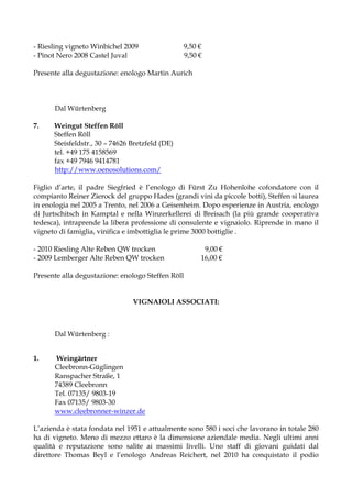 - Riesling vigneto Winbichel 2009                9,50 €
- Pinot Nero 2008 Castel Juval                   9,50 €

Presente alla degustazione: enologo Martin Aurich



      Dal Würtenberg

7.    Weingut Steffen Röll
      Steffen Röll
      Steisfeldstr., 30 – 74626 Bretzfeld (DE)
      tel. +49 175 4158569
      fax +49 7946 9414781
      http://www.oenosolutions.com/

Figlio d’arte, il padre Siegfried è l’enologo di Fürst Zu Hohenlohe cofondatore con il
compianto Reiner Zierock del gruppo Hades (grandi vini da piccole botti), Steffen si laurea
in enologia nel 2005 a Trento, nel 2006 a Geisenheim. Dopo esperienze in Austria, enologo
di Jurtschitsch in Kamptal e nella Winzerkellerei di Breisach (la più grande cooperativa
tedesca), intraprende la libera professione di consulente e vignaiolo. Riprende in mano il
vigneto di famiglia, vinifica e imbottiglia le prime 3000 bottiglie .

- 2010 Riesling Alte Reben QW trocken                  9,00 €
- 2009 Lemberger Alte Reben QW trocken                16,00 €

Presente alla degustazione: enologo Steffen Röll


                                VIGNAIOLI ASSOCIATI:



      Dal Würtenberg :


1.     Weingärtner
      Cleebronn-Güglingen
      Ranspacher Straße, 1
      74389 Cleebronn
      Tel. 07135/ 9803-19
      Fax 07135/ 9803-30
      www.cleebronner-winzer.de

L’azienda è stata fondata nel 1951 e attualmente sono 580 i soci che lavorano in totale 280
ha di vigneto. Meno di mezzo ettaro è la dimensione aziendale media. Negli ultimi anni
qualità e reputazione sono salite ai massimi livelli. Uno staff di giovani guidati dal
direttore Thomas Beyl e l’enologo Andreas Reichert, nel 2010 ha conquistato il podio
 