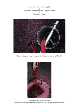 5 tonne fermenters with sloping floor
                                    ↓
              Chilled via must pump to 10/11 degrees Celsius
                                    ↓
                           Cold soak 5 – 8 days




    Juice rotating via pump through heat exchanger to cool for cold soaks




                       Tasting off post cooling of must
Monitored daily for temperature and fermenter checked for signs fermentation
 