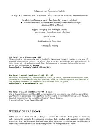 ↓
                                Indigenous yeast fermentation kicks in
                                                    ↓
   At <2g/L R/S inoculated with CHR Hansen Oenococcus oeni for malolactic fermentation (mlf)
                                                    ↓
               Barrel stirring /Battonage weekly then fortnightly towards end of mlf
              • similar as the Petrie, each bbl tasted separately and treated accordingly
                                      • Addition of SO2 at 50mg/L
                                                    ↓
                             Topped fortnightly until racking in January
                             • approximately 9months on yeast solids/lees
                                                    ↓
                                             Racked to tank
                                                    ↓
                                     Stabilisation and fining trials
                                                    ↓
                                         Filtering and bottling




Ata Rangi Petrie Chardonnay 2008
Showcasing the cool, minerally fruit of this higher Wairarapa vineyard, this is a pretty wine of
vibrancy, structure and tension. It's a fresh, tight style with a wild honey and peach blossom lift
to its grapefruit zest and white peach flesh. Judicious use of oak contributes subtle almond
kernel and vanilla notes. 93 Points
Tyson Stelzer, Australia's WBM 100, April 09



Ata Rangi Craighall Chardonnay 2008 - 95/100
Benchmark Martinborough Chardonnay from one of the region's long standing vineyards. Soft,
restrained and refined vanilla pod, fig, peach and white nectarine flavours are held together by
fine, lingering minerality on a creamy but streamlined finish. 95 points.
Tyson Stelzer, WBM 100 March 2010




Ata Rangi Craighall Chardonnay 2007 - 5 stars
Like a chrysanthemum unfolding 100 perfect petals, the wine opens up a whole new world for
your tastebuds as it oozes ripe grapefruit, toasty oak and concentrated mealy, peachy flavours.
Craighall cements itself as one of New Zealand's Super Classics.
Yvonne Lorkin, Times Age, 24 Jan 09




WINERY OPERATIONS
In the four years I have been at Ata Rangi as Assistant Winemaker, I have gained the necessary
skills required to complete all winemaking operations that a smaller scale operation requires. (See
above list) However, below are details on three cellar operations, pressing of reds, barrelling down
and winery equipment sanitation that I am responsible for during the harvest period.
 