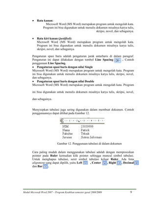 •   Rata kanan:
                  Microsoft Word (MS Word) merupakan program untuk mengolah kata.
                Program ini bisa digunakan untuk menulis dokumen misalnya karya tulis,
                                                         skripsi, novel, dan sebagainya.

        •   Rata kiri kanan (justified):
            Microsoft Word (MS Word) merupakan program untuk mengolah kata.
            Program ini bisa digunakan untuk menulis dokumen misalnya karya tulis,
            skripsi, novel, dan sebagainya.

        Pengaturan spasi baris adalah pengaturan jarak antarbaris di dalam paragraf.
        Pengaturan ini dapat dilakukan dengan tombol Line Spacing           . Contoh
        penggunaan Line Spacing.
        • Pengaturan spasi baris dengan nilai Single
        Microsoft Word (MS Word) merupakan program untuk mengolah kata. Program
        ini bisa digunakan untuk menulis dokumen misalnya karya tulis, skripsi, novel,
        dan sebagainya.
        • Pengaturan spasi baris dengan nilai Double
        Microsoft Word (MS Word) merupakan program untuk mengolah kata. Program

        ini bisa digunakan untuk menulis dokumen misalnya karya tulis, skripsi, novel,

        dan sebagainya.


        Menyisipkan tabulasi juga sering digunakan dalam membuat dokumen. Contoh
        penggunaannya dapat dilihat pada Gambar 12.




                             Gambar 12. Penggunaan tabulasi di dalam dokumen

        Cara paling mudah dalam menggunakan tabulasi adalah dengan memposisikan
        pointer pada Ruler kemudian klik pointer sehingga muncul simbol tabulasi.
        Untuk menghapus tabulasi, seret simbol tabulasi keluar Ruler. Ada lima
        alignment yang dapat dipilih, yaitu Left , Center    , Right   , Decimal
        dan Bar     .




Modul Microsoft Word 2007 – Program Keahlian semester gasal 2008/2009                9
 