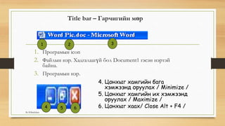 Title bar – Гарчигийн мөр
1. Програмын icon
2. Файлын нэр. Хадгалаагүй бол Document1 гэсэн нэртэй
байна.
3. Програмын нэр.
4. Цонхыг хамгийн бага
хэмжээнд оруулах / Minimize /
5. Цонхыг хамгийн их хэмжээнд
оруулах / Maximize /
6. Цонхыг хаах/ Close Alt + F4 /
1 2 3
4 5 6
By B.Batdulam
 