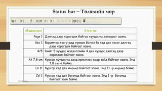 Status bar – Төлөвийн мөр
Мэдээлэл Утга нь
Page 1 Дэлгэц дээр харагдаж байгаа хуудасны дугаарыг заана.
Sec 1 Баримтаа хэсгүүдэд хувааж болох ба хэд дэх хэсэг дэлгэц
дээр харагдаж байгааг заана.
4/5 Нийт 5 хуудас мэдээллийн 4 дэх хуудас дэлгэц дээр
харагдаж байгааг заана.
At 7,8 cm Курсор хуудасны дээд ирмэгээс ямар зайд байгааг заана. Энд
7,8 см –т байна.
Ln 11 Курсор хэд дэх мөрөнд байгааг заана. Энд 11 –р мөрөнд байна.
Col 1 Курсор хэд дэх баганад байгааг заана. Энд 1 -р баганад
байгааг зааж байнаBy B.Batdulam
 