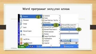 Word програмыг эхлүүлэх алхам
1
2
3
4
By B.Batdulam
 