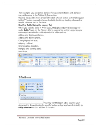 Assistant Lecturer Sherna Aziz Toma
Page 23
For example, you can select Banded Rows and only tables with banded
rows will appear in the Tables Styles section.
Want to have a little more creative freedom when it comes to formatting your
tables? You can manually change the table border or shading, change line
weight, or erase part of the table.
Modify a Table Using the Layout Tab
When you select a table in Word 2007, Design and Layout tabs appear
under Table Tools on the Ribbon. Using commands on the Layout tab you
can make a variety of modifications to the table such as:
Adding and deleting columns,
Adding and deleting rows,
Changing the cell size,
Aligning cell text,
Changing text direction,
Merging and splitting cells,
And More.
5-Text boxes
You may want to insert a text box into your
document to draw attention to specific text or so that you have the ability to
easily move text around within a document.
 