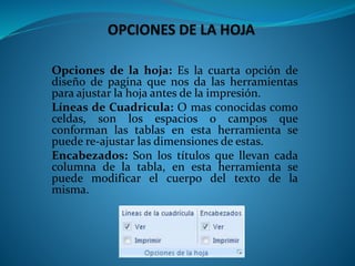Opciones de la hoja: Es la cuarta opción de 
diseño de pagina que nos da las herramientas 
para ajustar la hoja antes de la impresión. 
Líneas de Cuadricula: O mas conocidas como 
celdas, son los espacios o campos que 
conforman las tablas en esta herramienta se 
puede re-ajustar las dimensiones de estas. 
Encabezados: Son los títulos que llevan cada 
columna de la tabla, en esta herramienta se 
puede modificar el cuerpo del texto de la 
misma. 
 