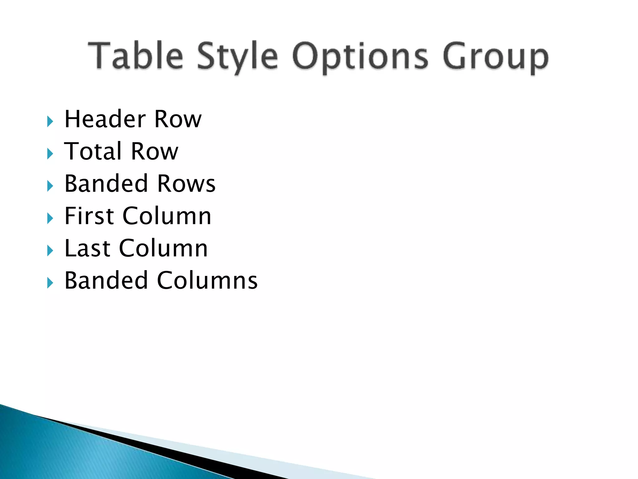  Header Row 
 Total Row 
 Banded Rows 
 First Column 
 Last Column 
 Banded Columns 
 
