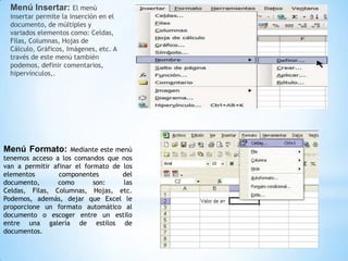 Menú Insertar: El menú
  insertar permite la inserción en el
  documento, de múltiples y
  variados elementos como: Celdas,
  Filas, Columnas, Hojas de
  Cálculo, Gráficos, Imágenes, etc. A
  través de este menú también
  podemos, definir comentarios,
  hipervínculos,.




Menú Formato:        Mediante este menú
tenemos acceso a los comandos que nos
van a permitir afinar el formato de los
elementos        componentes        del
documento,      como        son:     las
Celdas, Filas, Columnas, Hojas, etc.
Podemos, además, dejar que Excel le
proporcione un formato automático al
documento o escoger entre un estilo
entre una galería de estilos de
documentos.
 