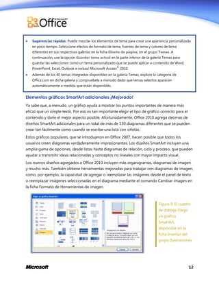 

Sugerencias rápidas: Puede mezclar los elementos de tema para crear una apariencia personalizada
en poco tiempo. Seleccione efectos de formato de tema, fuentes de tema y colores de tema
diferentes en sus respectivas galerías en la ficha Diseño de página, en el grupo Temas. A
continuación, use la opción Guardar tema actual en la parte inferior de la galería Temas para
guardar las selecciones como un tema personalizado que se puede aplicar a contenido de Word,
®

PowerPoint, Excel, Outlook e incluso Microsoft Access 2010.


Además de los 40 temas integrados disponibles en la galería Temas, explore la categoría de
Office.com en dicha galería y compruébela a menudo dado que temas selectos aparecen
automáticamente a medida que están disponibles.

Elementos gráficos SmartArt adicionales ¡Mejorado!
Ya sabe que, a menudo, un gráfico ayuda a mostrar los puntos importantes de manera más
eficaz que un simple texto. Por eso es tan importante elegir el tipo de gráfico correcto para el
contenido y darle el mejor aspecto posible. Afortunadamente, Office 2010 agrega decenas de
diseños SmartArt adicionales para un total de más de 130 diagramas diferentes que se pueden
crear tan fácilmente como cuando se escribe una lista con viñetas.
Estos gráficos populares, que se introdujeron en Office 2007, hacen posible que todos los
usuarios creen diagramas verdaderamente impresionantes. Los diseños SmartArt incluyen una
amplia gama de opciones, desde listas hasta diagramas de relación, ciclo y proceso, que pueden
ayudar a transmitir ideas relacionadas y conceptos no lineales con mayor impacto visual.
Los nuevos diseños agregados a Office 2010 incluyen más organigramas, diagramas de imagen
y mucho más. También obtiene herramientas mejoradas para trabajar con diagramas de imagen,
como, por ejemplo, la capacidad de agregar o reemplazar las imágenes desde el panel de texto
o reemplazar imágenes seleccionadas en el diagrama mediante el comando Cambiar imagen en
la ficha Formato de Herramientas de imagen.

Figura 9: El cuadro
de diálogo Elegir
un gráfico
SmartArt,
disponible en la
ficha Insertar del
grupo Ilustraciones.

12

 