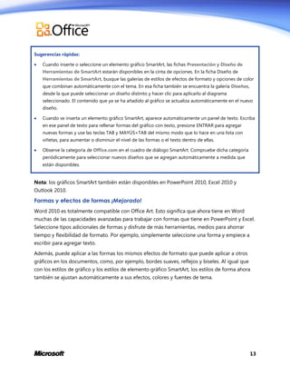 Sugerencias rápidas:


Cuando inserte o seleccione un elemento gráfico SmartArt, las fichas Presentación y Diseño de
Herramientas de SmartArt estarán disponibles en la cinta de opciones. En la ficha Diseño de
Herramientas de SmartArt, busque las galerías de estilos de efectos de formato y opciones de color
que combinan automáticamente con el tema. En esa ficha también se encuentra la galería Diseños,
desde la que puede seleccionar un diseño distinto y hacer clic para aplicarlo al diagrama
seleccionado. El contenido que ya se ha añadido al gráfico se actualiza automáticamente en el nuevo
diseño.



Cuando se inserta un elemento gráfico SmartArt, aparece automáticamente un panel de texto. Escriba
en ese panel de texto para rellenar formas del gráfico con texto, presione ENTRAR para agregar
nuevas formas y use las teclas TAB y MAYÚS+TAB del mismo modo que lo hace en una lista con
viñetas, para aumentar o disminuir el nivel de las formas o el texto dentro de ellas.



Observe la categoría de Office.com en el cuadro de diálogo SmartArt. Compruebe dicha categoría
periódicamente para seleccionar nuevos diseños que se agregan automáticamente a medida que
están disponibles.

Nota: los gráficos SmartArt también están disponibles en PowerPoint 2010, Excel 2010 y
Outlook 2010.

Formas y efectos de formas ¡Mejorado!
Word 2010 es totalmente compatible con Office Art. Esto significa que ahora tiene en Word
muchas de las capacidades avanzadas para trabajar con formas que tiene en PowerPoint y Excel.
Seleccione tipos adicionales de formas y disfrute de más herramientas, medios para ahorrar
tiempo y flexibilidad de formato. Por ejemplo, simplemente seleccione una forma y empiece a
escribir para agregar texto.
Además, puede aplicar a las formas los mismos efectos de formato que puede aplicar a otros
gráficos en los documentos, como, por ejemplo, bordes suaves, reflejos y biseles. Al igual que
con los estilos de gráfico y los estilos de elemento gráfico SmartArt, los estilos de forma ahora
también se ajustan automáticamente a sus efectos, colores y fuentes de tema.

13

 