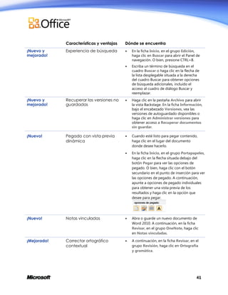 Características y ventajas
Experiencia de búsqueda



En la ficha Inicio, en el grupo Edición,
haga clic en Buscar para abrir el Panel de
navegación. O bien, presione CTRL+B.



¡Nuevo y
mejorado!

Dónde se encuentra

Escriba un término de búsqueda en el
cuadro Buscar o haga clic en la flecha de
la lista desplegable situada a la derecha
del cuadro Buscar para obtener opciones
de búsqueda adicionales, incluido el
acceso al cuadro de diálogo Buscar y
reemplazar.

¡Nuevo y
mejorado!

Recuperar las versiones no
guardadas



Haga clic en la pestaña Archivo para abrir
la vista Backstage. En la ficha Información,
bajo el encabezado Versiones, vea las
versiones de autoguardado disponibles o
haga clic en Administrar versiones para
obtener acceso a Recuperar documentos
sin guardar.

¡Nuevo!

Pegado con vista previa
dinámica



Cuando esté listo para pegar contenido,
haga clic en el lugar del documento
donde desee hacerlo.



En la ficha Inicio, en el grupo Portapapeles,
haga clic en la flecha situada debajo del
botón Pegar para ver las opciones de
pegado. O bien, haga clic con el botón
secundario en el punto de inserción para ver
las opciones de pegado. A continuación,
apunte a opciones de pegado individuales
para obtener una vista previa de los
resultados y haga clic en la opción que
desee para pegar.

¡Nuevo!

Notas vinculadas



Abra o guarde un nuevo documento de
Word 2010. A continuación, en la ficha
Revisar, en el grupo OneNote, haga clic
en Notas vinculadas.

¡Mejorado!

Corrector ortográfico
contextual



A continuación, en la ficha Revisar, en el
grupo Revisión, haga clic en Ortografía
y gramática.

41

 