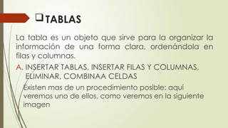 TABLAS
La tabla es un objeto que sirve para la organizar la
información de una forma clara, ordenándola en
filas y columnas.
A. INSERTAR TABLAS, INSERTAR FILAS Y COLUMNAS,
ELIMINAR, COMBINAA CELDAS
Existen mas de un procedimiento posible: aquí
veremos uno de ellos, como veremos en la siguiente
imagen
 