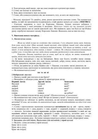 4. Член речення, який вказує, про що саме говориться в реченні про підмет.
5. Слова, що близькі за значенням.
6. Знак, яким позначають звук на письмі.
7. Слово, або словосполучення слів, що називають того, до кого ми звертаємось.
- Молодці, відгадали! То давайте, дітки, разом прочитаємо ключове слово. Так називається
країна, по якій ми продовжимо подорожувати, в якій дружно живуть усі слова. (ЛЕКСИКА)
- Сьогодні, вирушимо в гості до Королеви Лексики, будемо вчитися добирати і
використовувати у мові синоніми й антоніми. Минулого тижня під час ранкової зустрічі
листоноша приніс нам не зовсім приємний лист. Ми вирішили, щось там було не так! В кінці
уроку спробуємо відгадати загадку Королеви Лексики. Впевнена, нам це вже під силу.
V. Вивчення нового матеріалу.
1. Лінгвістична казка.
Жили на одній вулиці по сусідству два хлопчики. І хоч однакові імена мали Антони,
були вони зовсім різні. Один низький, інший високий, один добрий, інший злий, один щедрий,
інший скупий. Виросли Антони і вирішили подорожувати. Той пішов на південь, а той - на
північ. А коли прощалися, один плакав, а інший – сміявся. Не судилося Антонам повернутися
в рідне село, і в пам'ять про них люди стали називати протилежні слова-антонімами.
Королева Лексика передала вам ці слова, щоб ми не забули, як звати мешканців її
країни, тому вона нам всім записали їхні імена.
― Ці імена знаходяться у вас на бейджиках. Вони нам будуть потрібні трохи пізніше.
(На бейджиках: радість, сміх, літо, мир, весна, високий, добро, сонце, земля, достаток, щастя,
молоде, працювати, широко, ранок, сміятися.)
― Отож, ми прямуємо до замку Країни слів ― Лексики, а на шляху маємо дізнатися, як
називаються слова, протилежні за значенням, яку роль вони виконують у нашому мовленні.
― Як називаються ці слова?
ми то ан ні
2 Вибірковий диктант
― Якими у вашій уяві постали ці два брати?
― Випишемо у таблицю слова, якими їх характеризував автор.
Перший Антон Другий Антон Запитання
Високий низький який?
добрий злий який?
щедрий скупий який?
південь північ що?
плакав сміявся що робив?
― Якими словами описав автор двох сусідів? (Протилежними за значенням)
― Як називаються такі слова у мові? Як про це сказано у казці? (Антонімами)
― Подивіться на таблицю та зробіть висновок, на які питання можуть відповідати слова-
антоніми? (Слова, які входять до антонімічної пари, завжди відповідають на одне й те саме
питання)
― Слова з протилежним значенням називаються антонімами (від гр. anti – проти, onyma -
ім’я), наприклад: ніч ― день, радість ― горе, хворий ― здоровий, вперед ― назад, говорити
― мовчати. Антоніми повинні виражати логічно протилежні поняття і в той же час
поняття одного кола предметів, процесів і ознак. Наприклад, антоніми день ― ніч
об’єднуються значенням пори доби, чорний ― білий – значенням кольору, вперед ― назад –
значенням напрямку руху. Антоніми використовуються в різних стилях літературної мови.
3. Завдання для кмітливих. Виділення слів-антонімів у вірші-загадці
― Виділіть слова-антоніми у вірші-загадці.
Буває він в холод,
Буває він в спеку,
Буває він добрий,
 