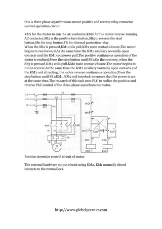 http://www.plchelpcenter.com
this is three phase asynchronous motor positive and reverse relay contactor
control operation circuit
KM1 for the motor to run the AC contactor,KM2 for the motor reverse running
AC contactor,SB2 is the positive turn button,SB3 to reverse the start
button,SB1 for stop button,FR for thermal protection relay.
When the SB2 is pressed,KM1 coils pull,KM1 main contact closure,The motor
begins to run forward,At the same time the KM1 auxiliary normally open
contacts and the KM1 coil power pull,The positive continuous operation of the
motor is realized,Press the stop button until SB1;On the contrary, when the
SB3 is pressed,KM2 coils pull,KM2 main contact closure,The motor begins to
run in reverse,At the same time the KM2 auxiliary normally open contacts and
the KM2 coil attracting, the motor reverse continuous operation,Press the
stop button until SB1;KM1, KM2 coil interlock to ensure that the power is not
at the same time,The research of this task uses PLC to realize the positive and
reverse PLC control of the three-phase asynchronous motor.
Positive inversion control circuit of motor
The external hardware output circuit using KM2, KM1 normally closed
contacts to the mutual lock.
 