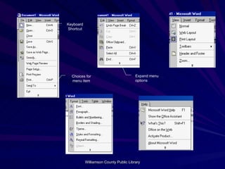Keyboard Shortcut Expand menu options Choices for menu item 
