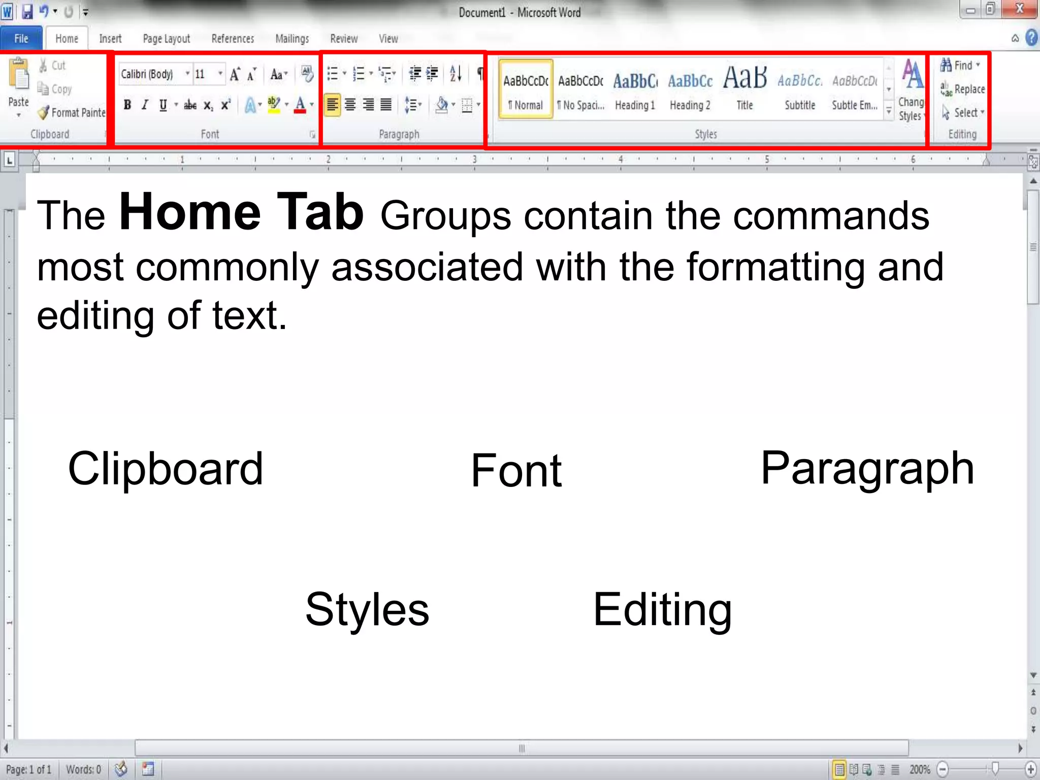 The Home Tab Groups contain the commands
most commonly associated with the formatting and
editing of text.
Clipboard Font Paragraph
Styles Editing
 