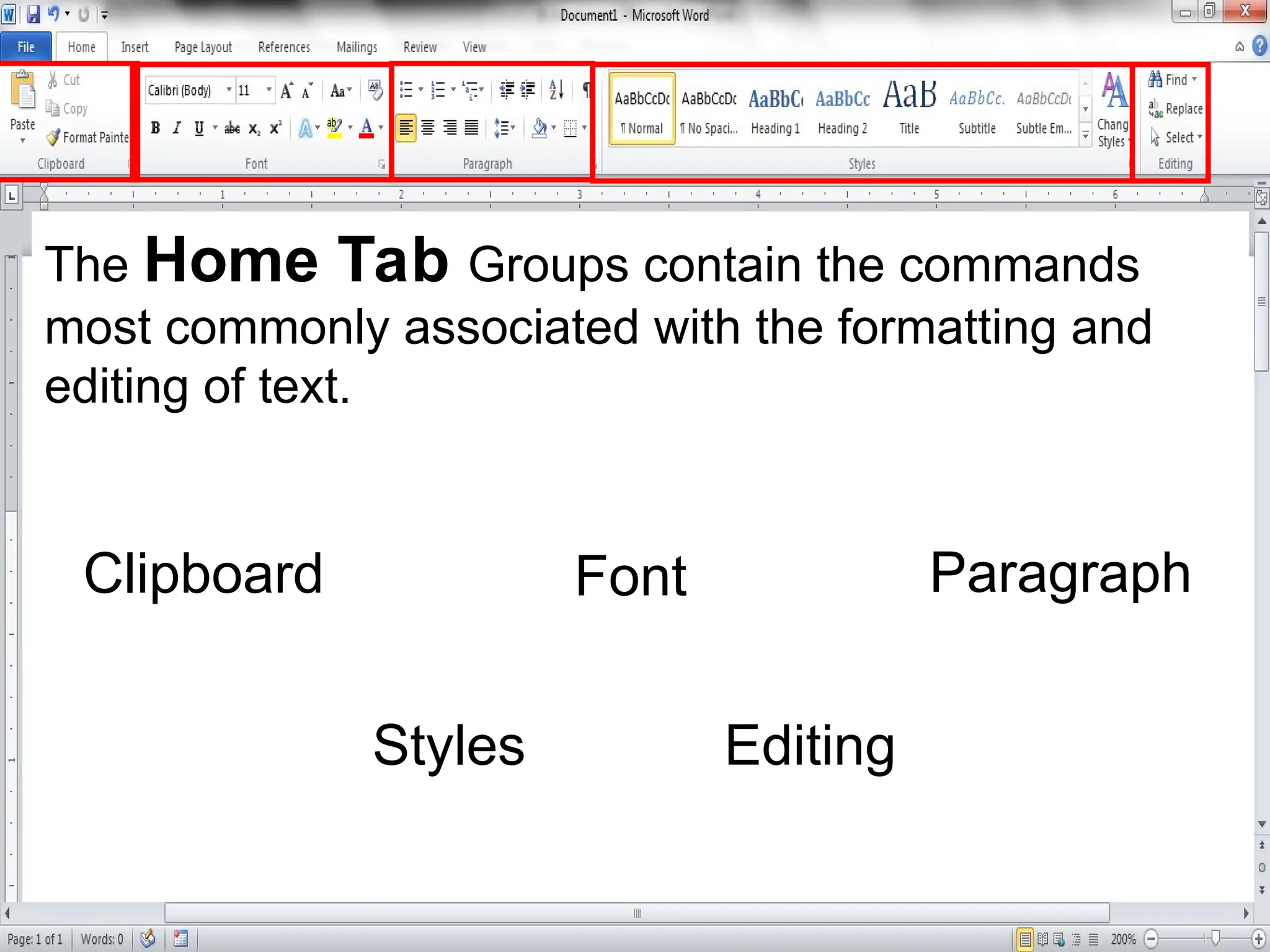 The Home Tab Groups contain the commands
most commonly associated with the formatting and
editing of text.
Clipboard Font Paragraph
Styles Editing
 