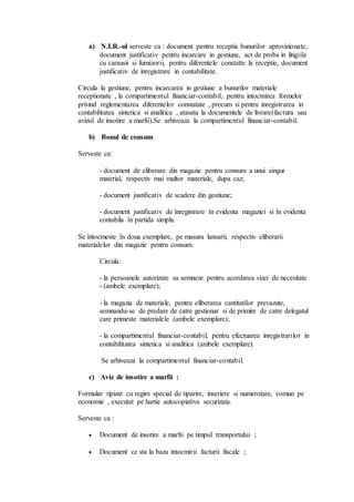 a) N.I.R.-ul serveste ca : document pentru receptia bunurilor aprovizionate, 
document justificativ pentru incarcare in gestiune, act de proba in litigiile 
cu carausii si furnizorii, pentru diferentele constatte la receptie, document 
justificativ de inregistrare in contabilitate. 
Circula la gestiune, pentru incarcarea in gestiune a bunurilor materiale 
receptionate , la compartimentul financiar-contabil, pentru intocmirea formelor 
privind reglementarea diferentelor constatate , precum si pentru inregistrarea in 
contabilitatea sintetica si analitica , atasata la documentele de livrare(factura sau 
avizul de insotire a marfii).Se arhiveaza la compartimentul financiar-contabil. 
b) Bonul de consum 
Serveste ca: 
- document de eliberare din magazie pentru consum a unui singur 
material, respectiv mai multor materiale, dupa caz; 
- document justificativ de scadere din gestiune; 
- document justificativ de înregistrare în evidenta magaziei si în evidenta 
contabila în partida simpla. 
Se întocmeste în doua exemplare, pe masura lansarii, respectiv eliberarii 
materialelor din magazie pentru consum. 
Circula: 
- la persoanele autorizate sa semneze pentru acordarea vizei de necesitate 
- (ambele exemplare); 
- la magazia de materiale, pentru eliberarea cantitatilor prevazute, 
semnandu-se de predare de catre gestionar si de primire de catre delegatul 
care primeste materialele (ambele exemplare); 
- la compartimentul financiar-contabil, pentru efectuarea inregistrarilor in 
contabilitatea sintetica si analitica (ambele exemplare). 
Se arhiveaza la compartimentul financiar-contabil. 
c) Aviz de insotire a marfii : 
Formular tipizat cu regim special de tiparire, inseriere si numerotare, comun pe 
economie , executat pe hartie autocopiativa securizata. 
Serveste ca : 
 Document de insotire a marfii pe timpul transportului ; 
 Document ce sta la baza intocmirii facturii fiscale ; 
 