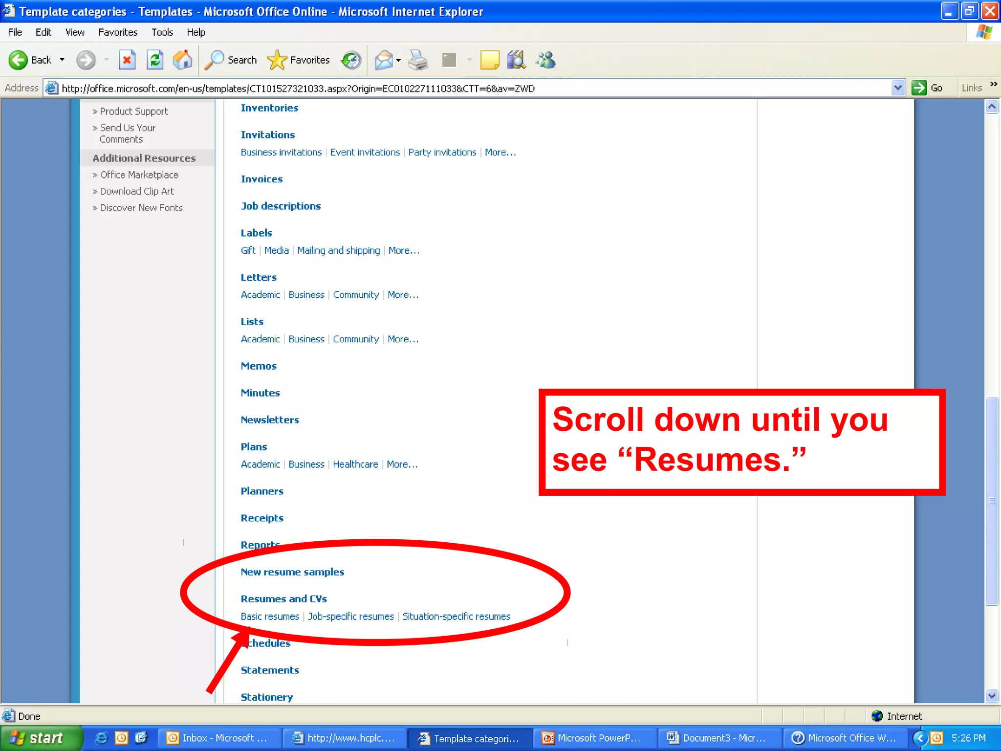Scroll down until you
see “Resumes.”
 