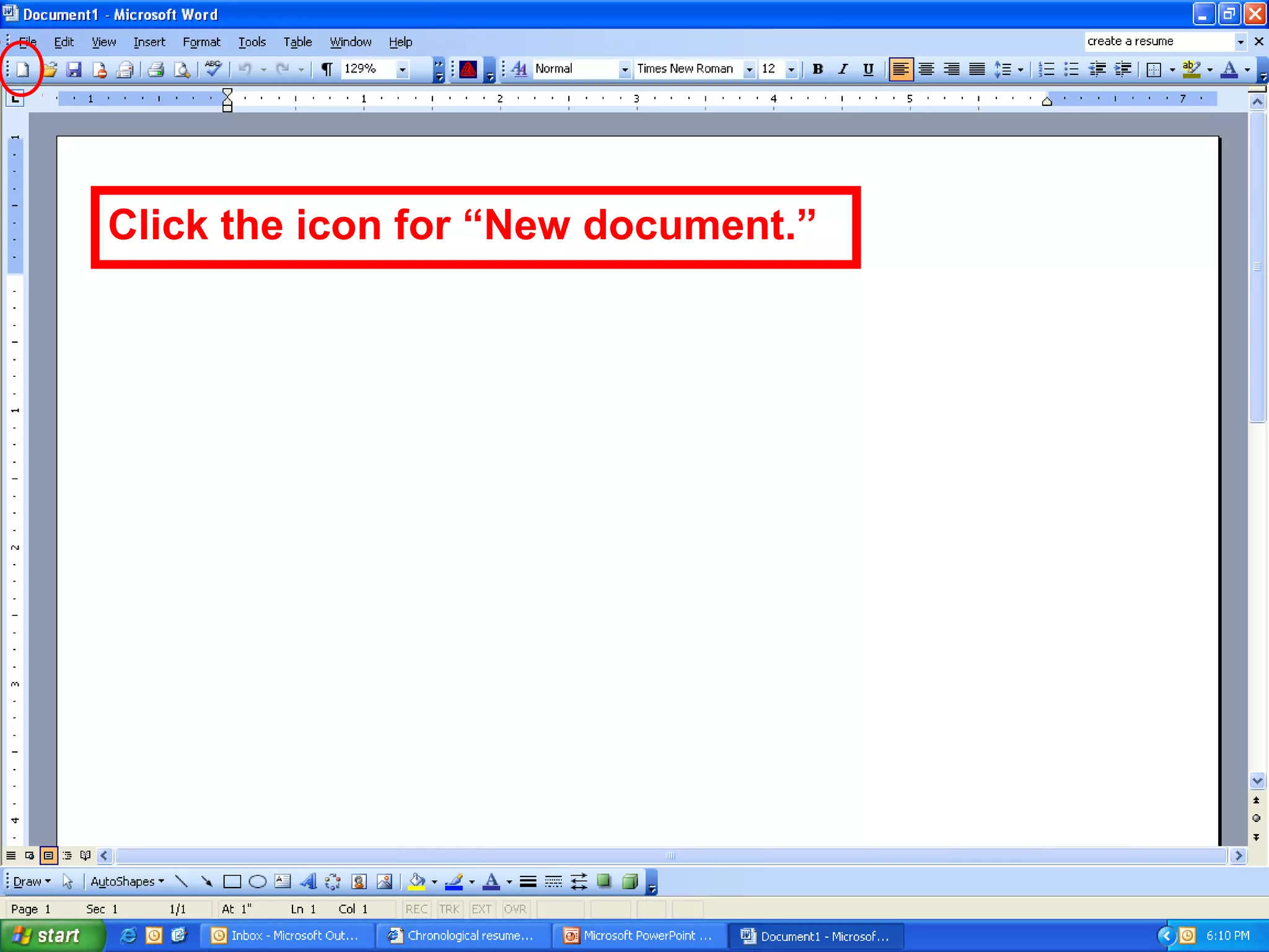 Click the icon for “New document.”
 