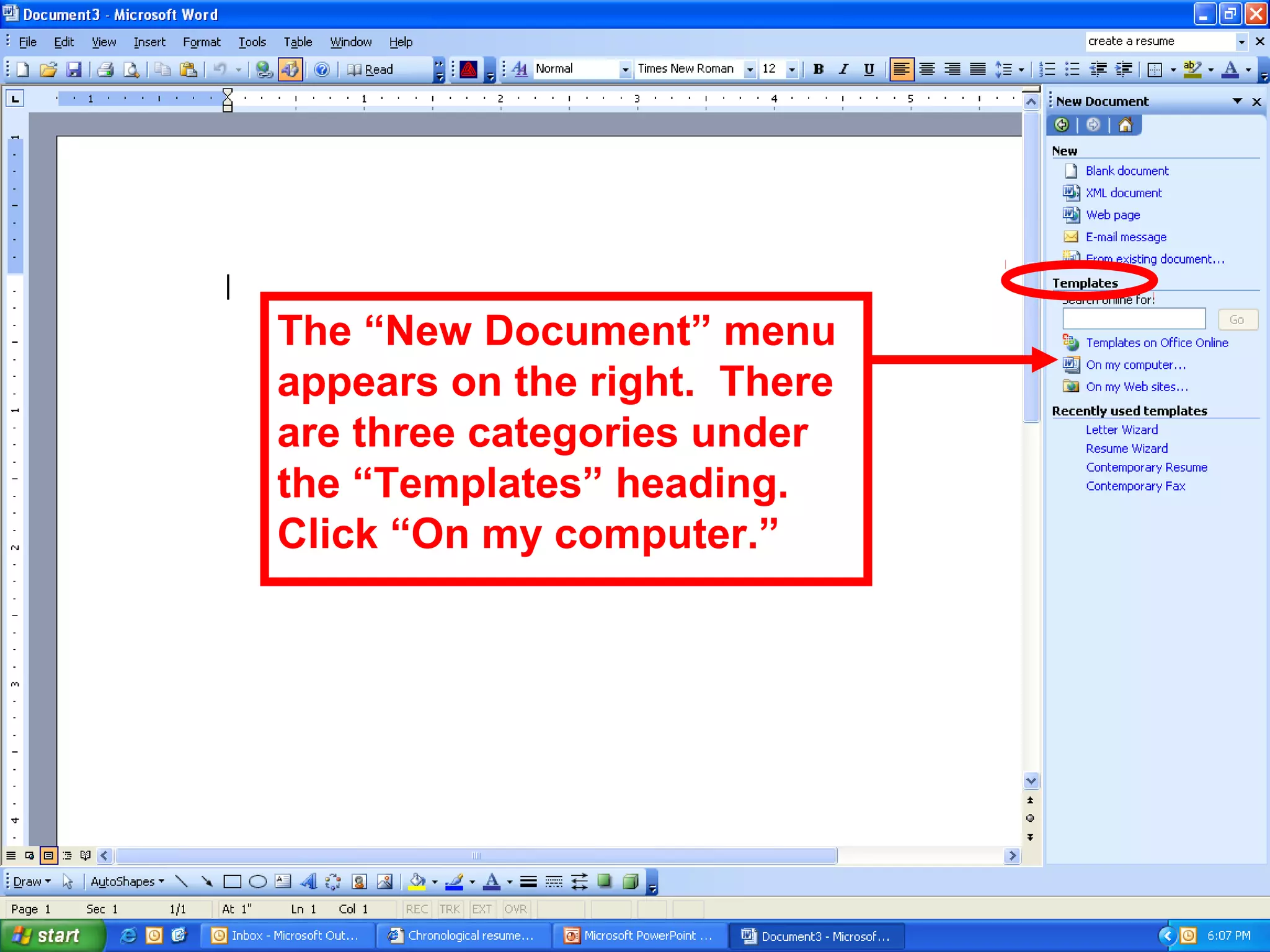 The “New Document” menu
appears on the right. There
are three categories under
the “Templates” heading.
Click “On my computer.”
 