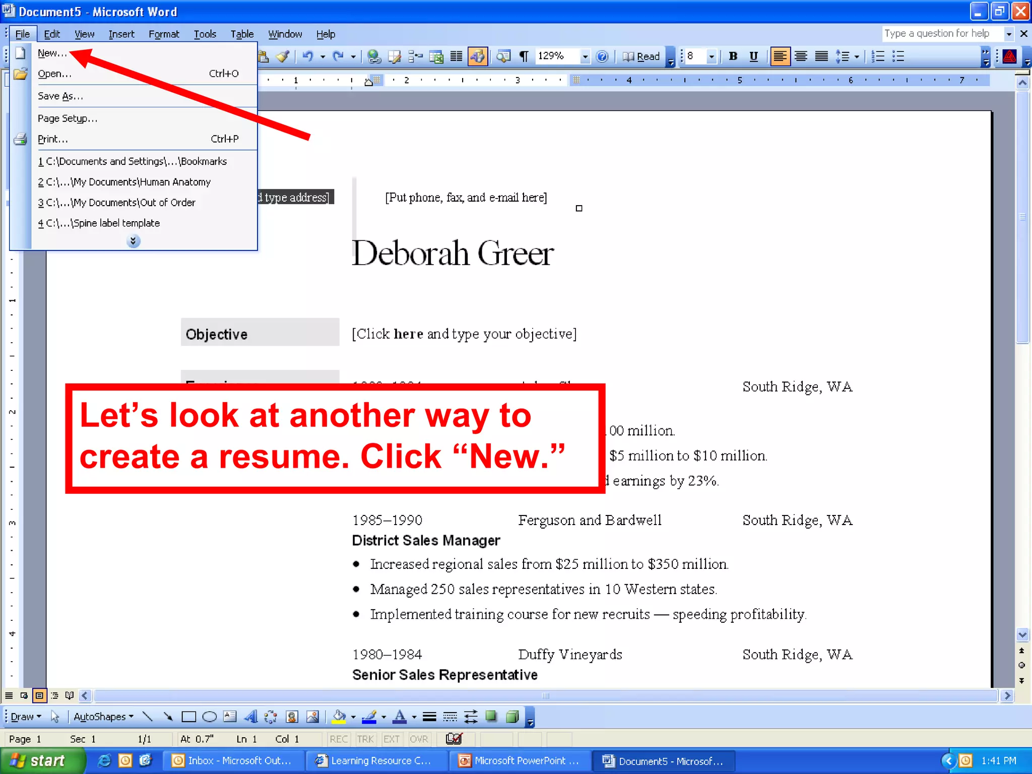 Let’s look at another way to
create a resume. Click “New.”
 