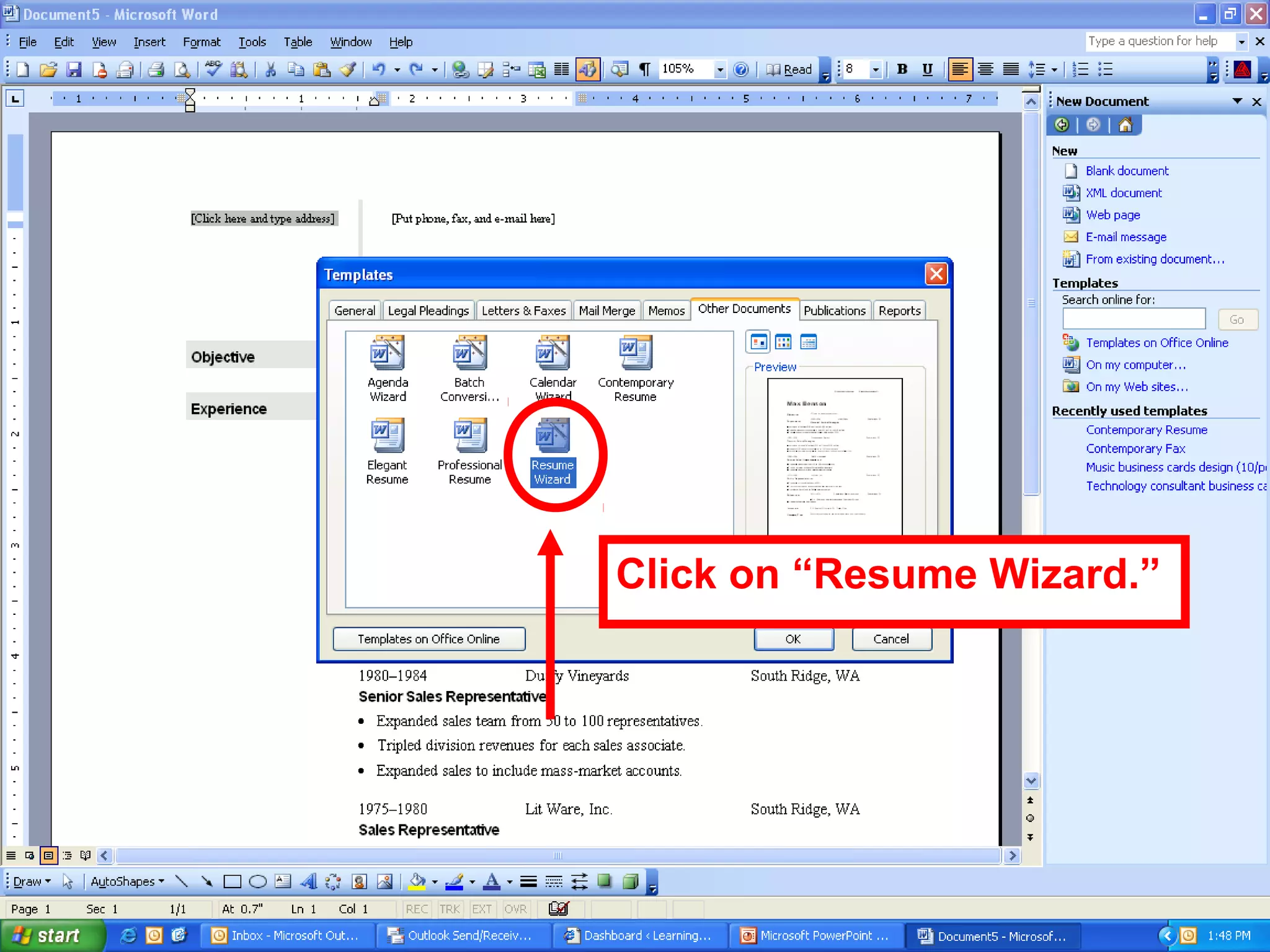 Click on “Resume Wizard.”
 