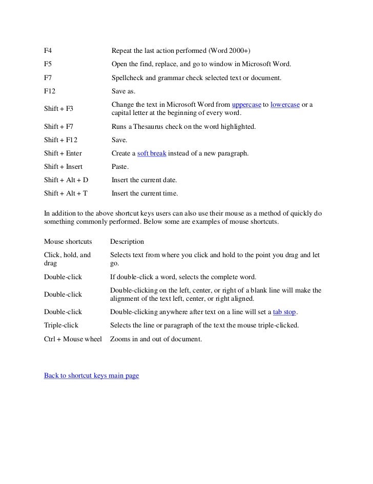 Microsoft word shortcut keys