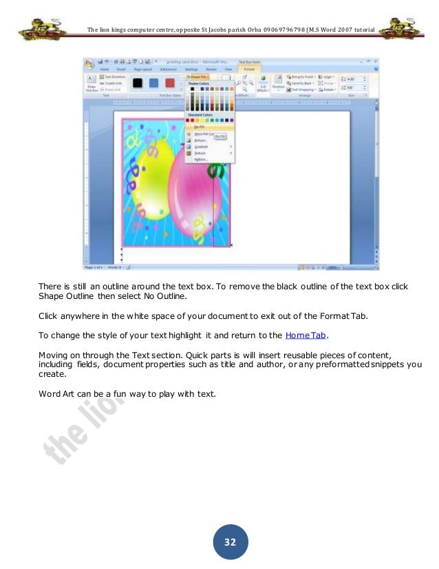 Microsoft Word Tutorial 07 From Lion Kings Computers Microsoft Word Tutorial 07 From Lion Kings Computers