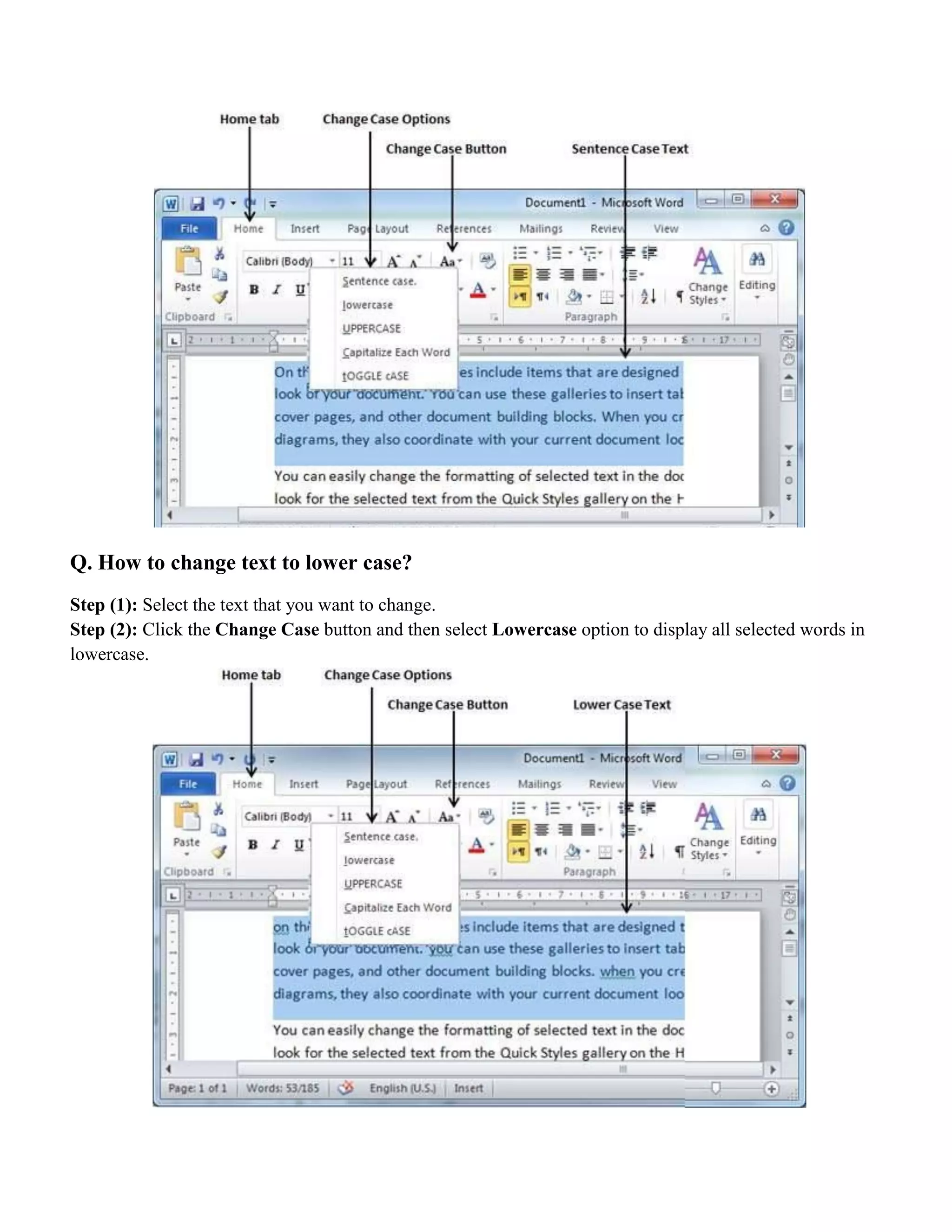 Q. How to change text to lower case?
Step (1): Select the text that you want to change.
Step (2): Click the Change Case button and then select Lowercase option to display all selected words in
lowercase.
 