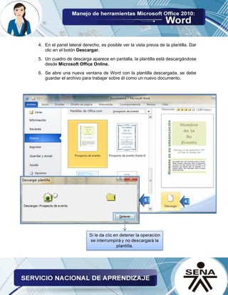 4. En el panel lateral derecho, es posible ver la vista previa de la plantilla. Dar clic en el botón Descargar. 
5. Un cuadro de descarga aparece en pantalla, la plantilla está descargándose desde Microsoft Office Online. 
6. Se abre una nueva ventana de Word con la plantilla descargada, se debe guardar el archivo para trabajar sobre él como un nuevo documento. 
 