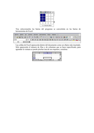 Tras seleccionarlas las barras del programa se convertirán en las barras de
herramientas de Excel.




Las celdas de Excel aparecerán dentro del documento como un objeto más insertado.
Sólo aparecerán el número de filas y de columnas que se haya especificado, para
agrandar la ventana se puede pinchar una de sus esquinas y arrastrar.
 