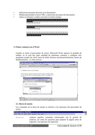 8 • Microsoft Word XP Universidad de Navarra • CTI
• Selecciona una parte del texto en tu documento.
• Mantén presionada la tecla CTRL y selecciona otra parte del documento.
• Aplica un formato a ambas secciones al mismo tiempo.
2. Primer contacto con el Word
Cuando se inicia el procesador de textos, Microsoft Word, aparece la pantalla de
trabajo, en la cual hay gran cantidad de elementos comunes a cualquier otro
programa (cuadro de cierre, barra de título, botones maximizar/minimizar, barras de
desplazamiento...) y otros nuevos.
2.1. Barra de menús
Los comandos de la barra de menús se refieren a las funciones del procesador de
textos.
Archivo: contiene aquellos comandos relacionados con la gestión de
archivos, así como las opciones para preparar la página antes de
imprimir y las opciones de impresión.
 
