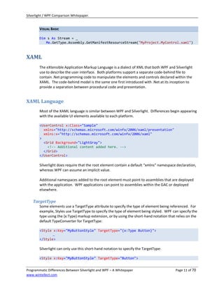 Silverlight / WPF Comparison Whitepaper.


        VISUAL BASIC

        Dim s As Stream = _
           Me.GetType.Assembly.GetManifestResourceStream("MyProject.MyControl.xaml")



XAML
        The eXtensible Application Markup Language is a dialect of XML that both WPF and Silverlight
        use to describe the user interface. Both platforms support a separate code-behind file to
        contain .Net programming code to manipulate the elements and controls declared within the
        XAML. The code-behind model is the same one first introduced with .Net at its inception to
        provide a separation between procedural code and presentation.


XAML Language
        Most of the XAML language is similar between WPF and Silverlight. Differences begin appearing
        with the available UI elements available to each platform.

        <UserControl x:Class="Sample"
          xmlns="http://schemas.microsoft.com/winfx/2006/xaml/presentation"
          xmlns:x="http://schemas.microsoft.com/winfx/2006/xaml"
        >
          <Grid Background="LightGray">
            <!-- Additional content added here. -->
          </Grid>
        </UserControl>

        Silverlight does require that the root element contain a default “xmlns” namespace declaration,
        whereas WPF can assume an implicit value.

        Additional namespaces added to the root element must point to assemblies that are deployed
        with the application. WPF applications can point to assemblies within the GAC or deployed
        elsewhere.

    TargetType
        Some elements use a TargetType attribute to specify the type of element being referenced. For
        example, Styles use TargetType to specify the type of element being styled. WPF can specify the
        type using the {x:Type} markup extension, or by using the short-hand notation that relies on the
        default TypeConverter for TargetType:

        <Style x:Key="MyButtonStyle" TargetType="{x:Type Button}">
               …
        </Style>

        Silverlight can only use this short-hand notation to specify the TargetType:

        <Style x:Key="MyButtonStyle" TargetType="Button">


Programmatic Differences Between Silverlight and WPF – A Whitepaper                       Page 11 of 70
www.wintellect.com
 