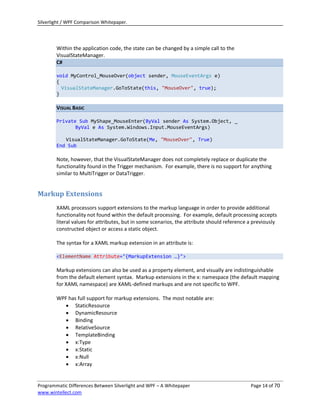 Silverlight / WPF Comparison Whitepaper.




        Within the application code, the state can be changed by a simple call to the
        VisualStateManager.
        C#

        void MyControl_MouseOver(object sender, MouseEventArgs e)
        {
          VisualStateManager.GoToState(this, "MouseOver", true);
        }

        VISUAL BASIC

        Private Sub MyShape_MouseEnter(ByVal sender As System.Object, _
               ByVal e As System.Windows.Input.MouseEventArgs)

           VisualStateManager.GoToState(Me, "MouseOver", True)
        End Sub

        Note, however, that the VisualStateManager does not completely replace or duplicate the
        functionality found in the Trigger mechanism. For example, there is no support for anything
        similar to MultiTrigger or DataTrigger.


Markup Extensions
        XAML processors support extensions to the markup language in order to provide additional
        functionality not found within the default processing. For example, default processing accepts
        literal values for attributes, but in some scenarios, the attribute should reference a previously
        constructed object or access a static object.

        The syntax for a XAML markup extension in an attribute is:

        <ElementName Attribute="{MarkupExtension …}">

        Markup extensions can also be used as a property element, and visually are indistinguishable
        from the default element syntax. Markup extensions in the x: namespace (the default mapping
        for XAML namespace) are XAML-defined markups and are not specific to WPF.

        WPF has full support for markup extensions. The most notable are:
            StaticResource
            DynamicResource
            Binding
            RelativeSource
            TemplateBinding
            x:Type
            x:Static
            x:Null
            x:Array


Programmatic Differences Between Silverlight and WPF – A Whitepaper                          Page 14 of 70
www.wintellect.com
 