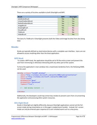 Silverlight / WPF Comparison Whitepaper.


        There are a variety of brushes available to both Silverlight and WPF.

         Brush                                                             WPF          Silverlight
         SolidColorBrush                                                   Yes              Yes
         LinearGradientBrush                                               Yes              Yes
         RadialGradientBrush                                               Yes              Yes
         ImageBrush                                                        Yes              Yes
         DrawingBrush                                                      Yes              No
         VisualBrush                                                       Yes              No
         TileBrush                                                         Yes              No
         VideoBrush                                                        No               Yes

        The lack of a TileBrush in Silverlight prevents both the Video and Image brushes from also being
        tiled.


Kiosks
        Kiosks are typically defined as stand-alone devices with a complete user interface. Users are not
        allowed to access anything other than the kiosk application.

    WPF Kiosk
        To create a WPF kiosk, the application should be set to fill the entire screen and prevent the
        user from minimizing or otherwise interacting with any other part of the system.

        To force the application’s main window into a maximized, borderless form, the following XAML
        can be used:

        <Window x:Class="TestWPF.Window1"
            xmlns="http://schemas.microsoft.com/winfx/2006/xaml/presentation"
            xmlns:x="http://schemas.microsoft.com/winfx/2006/xaml"
            Title="Kiosk"
            WindowStyle="None"
            WindowState="Maximized"
            Topmost="True">

            <!-- Add Window Content -->

        </Window>

        Additionally, the developers could trap certain key-strokes to prevent users from circumventing
        the application and accessing other system resources.

    Silverlight Kiosk
        Kiosks in Silverlight act slightly differently, because Silverlight applications cannot set the full-
        screen mode during instantiation or in the page’s Loaded event handler. Instead, full –screen
        mode can only be entered upon response of a user-initiated event such as a key-press.



Programmatic Differences Between Silverlight and WPF – A Whitepaper                              Page 24 of 70
www.wintellect.com
 