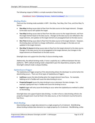 Silverlight / WPF Comparison Whitepaper.


        The following snippet of XAML is a simple example of data binding.

                <TextBlock Text="{Binding Person, Path=FirstName}" />


    Binding Modes
        There are four binding mode available in WPF: One-Way, Two-Way, One-Time, and One-Way To
        Source.
           One-Way binding causes data to flow from the data source to the target element. Changes
            to the data source will update the target.
           Two-Way binding causes data to flow from the data source to the target element, and from
            the target element back to the data source. Changes to the data source are reflected in the
            target element, and updates to the target element are propagated back to the data source.
           One-Time binding cause data to flow from the data source to the target element. However,
            the binding does not listen to change notifications, and any changes in the data are not
            updated in the target element.
           One-Way To Source binding causes data to flow from the target element to the data source.
            Changes in the data source are not propagated to the target element, but changes in the
            target element are flowed back to the data source.

        Silverlight does not support the One-Way To Source binding mode.

        Additionally, the default binding mode, if none is explicitly set, is different between the two
        platforms. WPF’s default binding mode is dependent upon the dependency property, while
        Silverlight’s default mode is always OneWay.

    UpdateSourceTrigger
        The UpdateSourceTrigger property of the data binding allows the developer to control when the
        data binding occurs. There are three types of UpdateSourceTriggers:
           LostFocus causes the data-binding when the target element loses focus. For example,
            tabbing out of a TextBox will cause the data-binding to occur.
           PropertyChanged causes the data-binding to occur whenever the data changes. For
            example, typing each key in TextBox will cause the binding to occur.
           Explicit trigger will only cause the binding to occur when the UpdateSource method is called
            on the binding.

        Silverlight does not support Explicit data-binding. In order to force a data-binding refresh, the
        property changed event must be fired in the data source, or the UI element must be forced to
        lose focus.

    Multi Binding
        Data binding maps a single data element to a single property of a UI element. MultiBinding
        allows binding multiple data elements to a single property of a UI element. MultiBinding, unlike



Programmatic Differences Between Silverlight and WPF – A Whitepaper                           Page 31 of 70
www.wintellect.com
 