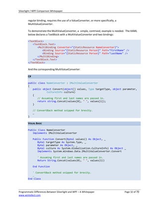 Silverlight / WPF Comparison Whitepaper.


        regular binding, requires the use of a ValueConverter, or more specifically, a
        MultiValueConverter.

        To demonstrate the MultiValueConverter, a simple, contrived, example is needed. The XAML
        below declares a TextBlock with a MultiValueConverter and two bindings:

        <TextBlock>
           <TextBlock.Text>
               <MultiBinding Converter="{StaticResource NameConverter}">
                  <Binding Source="{StaticResource Person}" Path="FirstName" />
                  <Binding Source="{StaticResource Person}" Path="LastName" />
               </MultiBinding>
           </TextBlock.Text>
        </TextBlock>

        And the corresponding MultiValueConverter:

        C#

        public class NameConverter : IMultiValueConverter
        {
           public object Convert(object[] values, Type targetType, object parameter,
                      CultureInfo culture)
           {
               // Assuming first and last names are passed in.
               return string.Concat(values[0], " ", values[1]);
           }

             // ConvertBack method snipped for brevity.
             …
        }

        VISUAL BASIC

        Public Class NameConverter
           Implements IMultiValueConverter

             Public Function Convert(ByVal values() As Object, _
                ByVal targetType As System.Type, _
                ByVal parameter As Object, _
                ByVal culture As System.Globalization.CultureInfo) As Object _
                Implements System.Windows.Data.IMultiValueConverter.Convert

                ' Assuming first and last names are passed in.
                Return String.Concat(values(0), " ", values(1))

             End Function

           ' ConvertBack method snipped for brevity.
           …
        End Class




Programmatic Differences Between Silverlight and WPF – A Whitepaper                      Page 32 of 70
www.wintellect.com
 