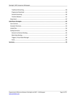 Silverlight / WPF Comparison Whitepaper.


      Traditional Streaming........................................................................................................................ 60
      Progressive Download ...................................................................................................................... 60
      Smooth Streaming ............................................................................................................................ 60
      Timeline Markers .............................................................................................................................. 61
   Deep Zoom ........................................................................................................................................... 62
Code Reuse Strategies ...................................................................................................................... 63
   User Controls ........................................................................................................................................ 63
   Compiler Directives ............................................................................................................................... 63
   Linked Files ........................................................................................................................................... 64
   Coding Scenarios ................................................................................................................................... 65
      Element-to-Element Binding ............................................................................................................. 65
      Multi-Data Binding ............................................................................................................................ 67
      Triggers / Visual State Manager ........................................................................................................ 68
      Fonts ................................................................................................................................................. 69
Summary ......................................................................................................................................... 70




Programmatic Differences Between Silverlight and WPF – A Whitepaper                                                                         Page 4 of 70
www.wintellect.com
 