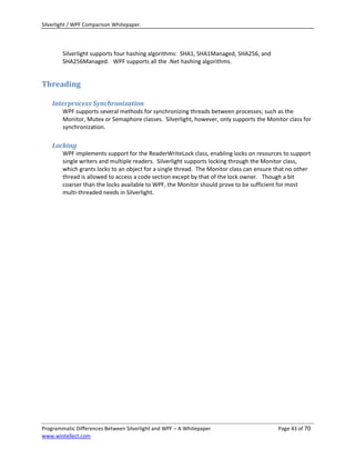 Silverlight / WPF Comparison Whitepaper.




        Silverlight supports four hashing algorithms: SHA1, SHA1Managed, SHA256, and
        SHA256Managed. WPF supports all the .Net hashing algorithms.


Threading

    Interprocess Synchronization
        WPF supports several methods for synchronizing threads between processes; such as the
        Monitor, Mutex or Semaphore classes. Silverlight, however, only supports the Monitor class for
        synchronization.

    Locking
        WPF implements support for the ReaderWriteLock class, enabling locks on resources to support
        single writers and multiple readers. Silverlight supports locking through the Monitor class,
        which grants locks to an object for a single thread. The Monitor class can ensure that no other
        thread is allowed to access a code section except by that of the lock owner. Though a bit
        coarser than the locks available to WPF, the Monitor should prove to be sufficient for most
        multi-threaded needs in Silverlight.




Programmatic Differences Between Silverlight and WPF – A Whitepaper                       Page 43 of 70
www.wintellect.com
 