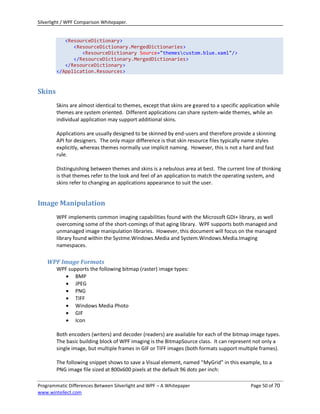 Silverlight / WPF Comparison Whitepaper.


           <ResourceDictionary>
              <ResourceDictionary.MergedDictionaries>
                 <ResourceDictionary Source="themescustom.blue.xaml"/>
              </ResourceDictionary.MergedDictionaries>
           </ResourceDictionary>
        </Application.Resources>


Skins
        Skins are almost identical to themes, except that skins are geared to a specific application while
        themes are system oriented. Different applications can share system-wide themes, while an
        individual application may support additional skins.

        Applications are usually designed to be skinned by end-users and therefore provide a skinning
        API for designers. The only major difference is that skin resource files typically name styles
        explicitly, whereas themes normally use implicit naming. However, this is not a hard and fast
        rule.

        Distinguishing between themes and skins is a nebulous area at best. The current line of thinking
        is that themes refer to the look and feel of an application to match the operating system, and
        skins refer to changing an applications appearance to suit the user.


Image Manipulation
        WPF implements common imaging capabilities found with the Microsoft GDI+ library, as well
        overcoming some of the short-comings of that aging library. WPF supports both managed and
        unmanaged image manipulation libraries. However, this document will focus on the managed
        library found within the Systme.Windows.Media and System.Windows.Media.Imaging
        namespaces.

    WPF Image Formats
        WPF supports the following bitmap (raster) image types:
            BMP
            JPEG
            PNG
            TIFF
            Windows Media Photo
            GIF
            Icon

        Both encoders (writers) and decoder (readers) are available for each of the bitmap image types.
        The basic building block of WPF imaging is the BitmapSource class. It can represent not only a
        single image, but multiple frames in GIF or TIFF images (both formats support multiple frames).

        The following snippet shows to save a Visual element, named “MyGrid” in this example, to a
        PNG image file sized at 800x600 pixels at the default 96 dots per inch:

Programmatic Differences Between Silverlight and WPF – A Whitepaper                          Page 50 of 70
www.wintellect.com
 