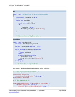Silverlight / WPF Comparison Whitepaper.




        C#

        public class CustomSettings : INotifyPropertyChanged
        {
            private bool _isEnabled = false;

             public bool IsEnabled
             {
                 get { return _isEnabled; }
                 set
                 {
                     _isEnabled = value;
                     NotifyPropertyChanged("IsEnabled");
                 }
             }


             // Snip remainder of implementation...

        VISUAL BASIC

        Public Class CustomSettings
           Implements INotifyPropertyChanged

             Private _isEnabled As Boolean = False

             Public Property IsEnabled() As Boolean
                Get
                    Return _isEnabled
                End Get
                Set(ByVal value As Boolean)
                    _isEnabled = value
                    NotifyPropertyChanged("IsEnabled")
                End Set
             End Property

             ' Snip remainder of implementation


        The sample XAML for the Silverlight Page might appear as follows:

        <!-- Snip page declaration context -->

        <UserControl.Resources>
           <local:CustomSettings x:Key="MySettings" />
        </UserControl.Resources>

        <!-- Snip page design -->

        <StackPanel DataContext="{StaticResource MySettings}">
            <CheckBox Content="Is Enabled?"
               IsChecked="{Binding IsEnabled, Mode=TwoWay}" />


Programmatic Differences Between Silverlight and WPF – A Whitepaper         Page 66 of 70
www.wintellect.com
 