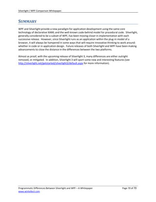 Silverlight / WPF Comparison Whitepaper.



SUMMARY
WPF and Silverlight provide a new paradigm for application development using the same core
technology of declarative XAML and the well-known code-behind model for procedural code. Silverlight,
generally considered to be a subset of WPF, has been moving closer in implementation with each
successive release. However, since Silverlight runs as an application within the plug-in model of a
browser, it will always be hampered in some ways that will require innovative thinking to work around:
whether in code or in application design. Future releases of both Silverlight and WPF have been making
advancements to close the distance in the differences between the two platforms.

Almost as proof, with the upcoming release of Silverlight 3, many differences are either outright
removed, or mitigated. In addition, Silverlight 3 will sport some new and interesting features (see
http://silverlight.net/getstarted/silverlight3/default.aspx for more information).




Programmatic Differences Between Silverlight and WPF – A Whitepaper                         Page 70 of 70
www.wintellect.com
 