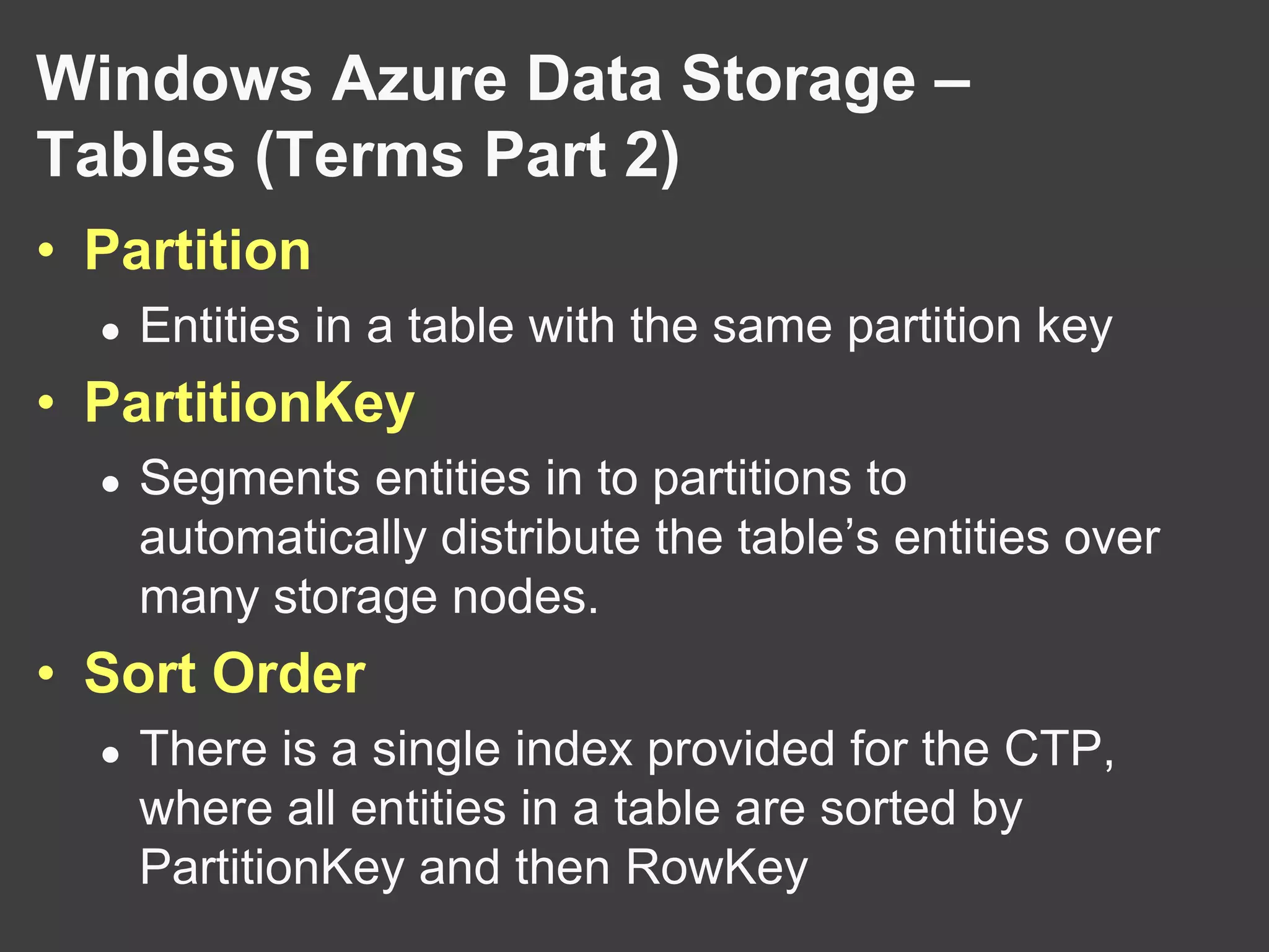 Durable NTFS volumes that Windows Azure applications can use.  See: http://microsoftpdc.com/Sessions/SVC14SQL AzureRelational data storageWindows Azure Data Storage - BlobsUnstructured data storagePartitioned by containerUnlimited containers