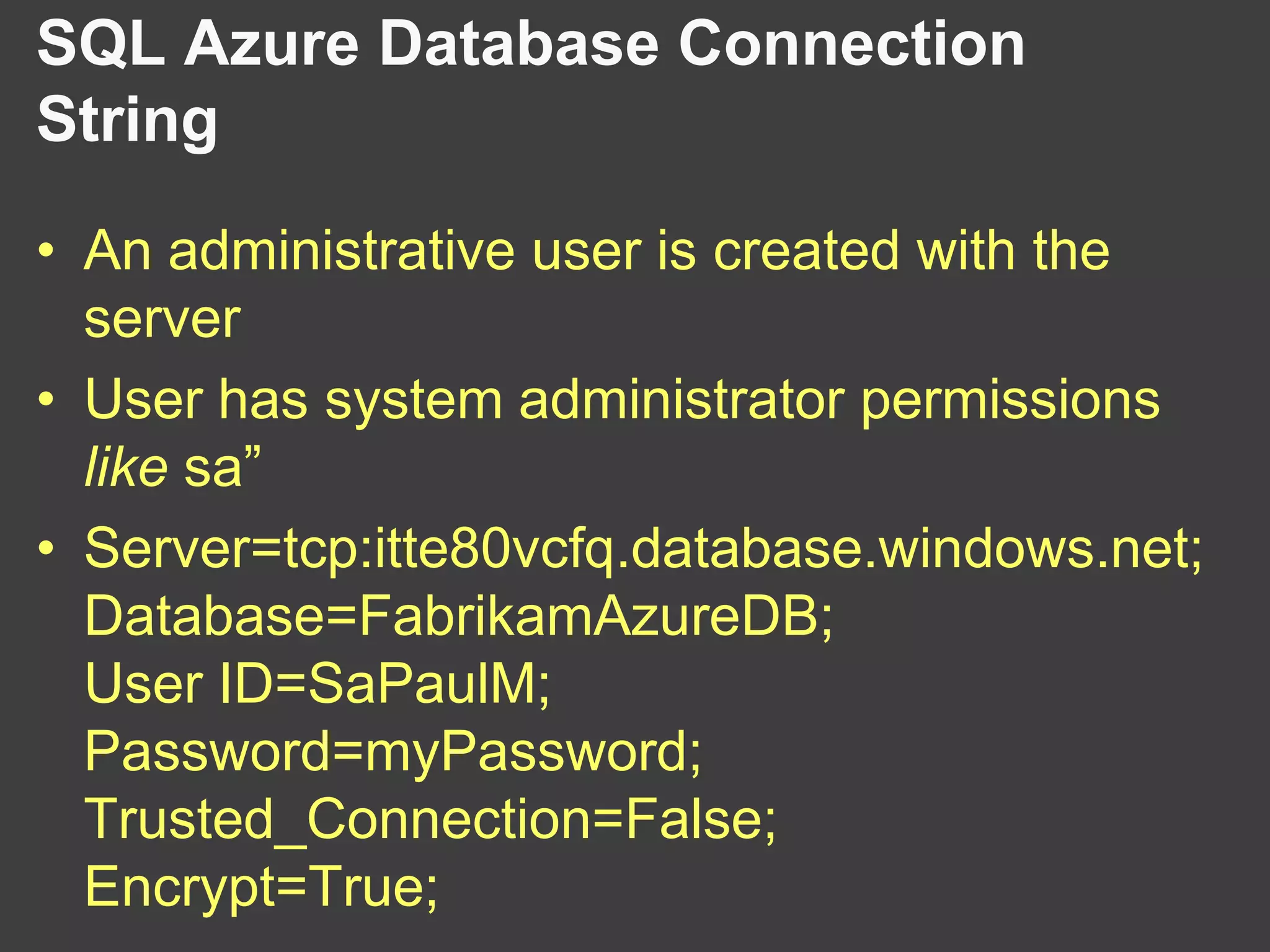 SQL Azure and Windows Azure Table ComparisonWindows Azure TablesSQL Azure TablesSemi-structuredLoosely typedNon-Relational (Not RDMS)Massively scalableFully structuredStrongly typedRelational (RDMS)Highly scalable