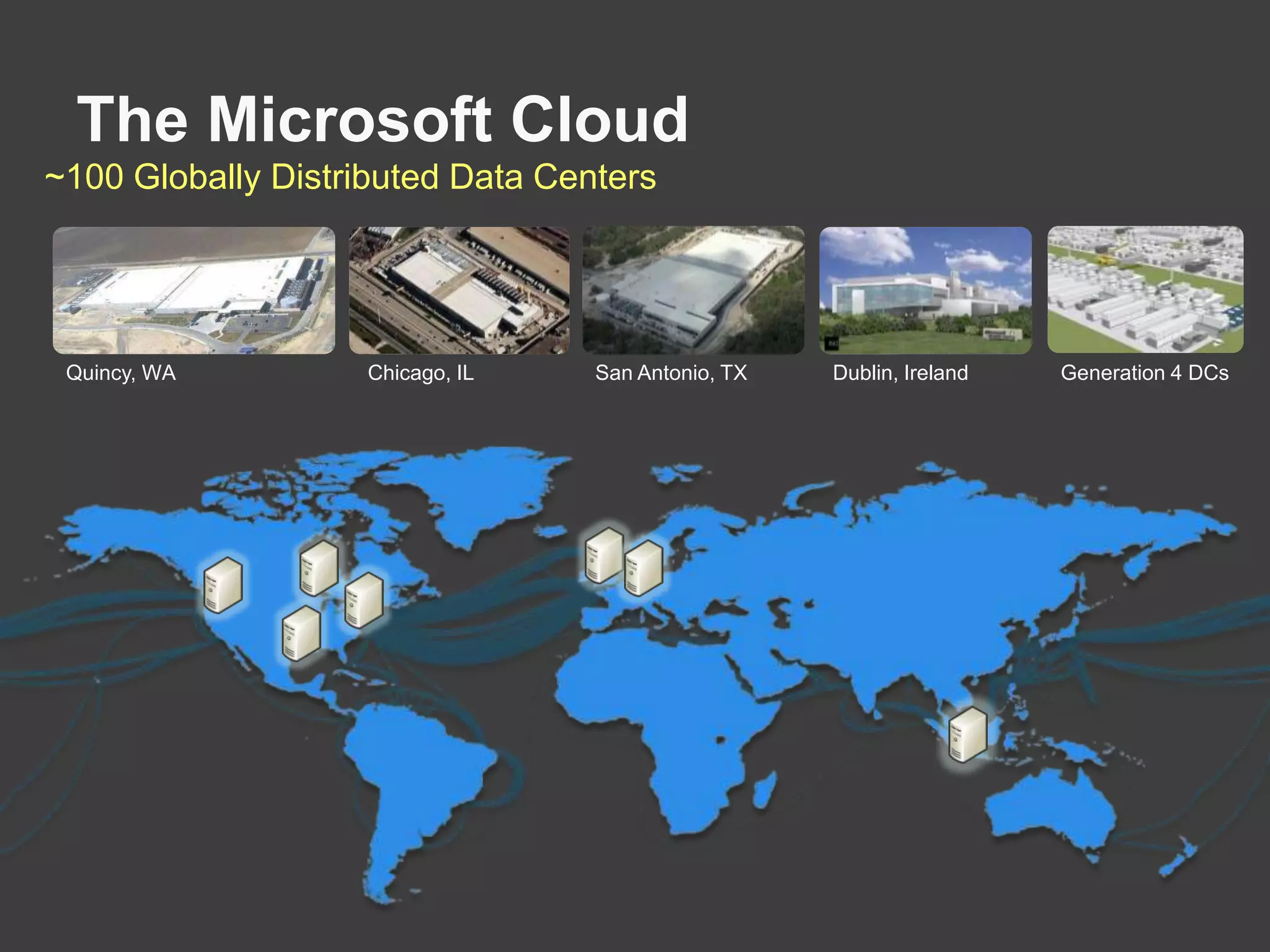 The Microsoft Cloud~100 Globally Distributed Data CentersQuincy, WAChicago, ILSan Antonio, TXDublin, IrelandGeneration 4 DCs