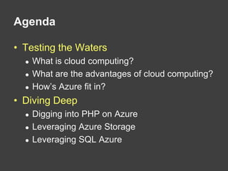 AgendaTesting the WatersWhat is cloud computing?What are the advantages of cloud computing?How’s Azure fit in?Diving DeepDigging into PHP on AzureLeveraging Azure StorageLeveraging SQL Azure