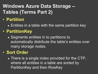 Durable NTFS volumes that Windows Azure applications can use.  See: http://microsoftpdc.com/Sessions/SVC14SQL AzureRelational data storageWindows Azure Data Storage - BlobsUnstructured data storagePartitioned by containerUnlimited containers