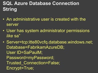 SQL Azure and Windows Azure Table ComparisonWindows Azure TablesSQL Azure TablesSemi-structuredLoosely typedNon-Relational (Not RDMS)Massively scalableFully structuredStrongly typedRelational (RDMS)Highly scalable